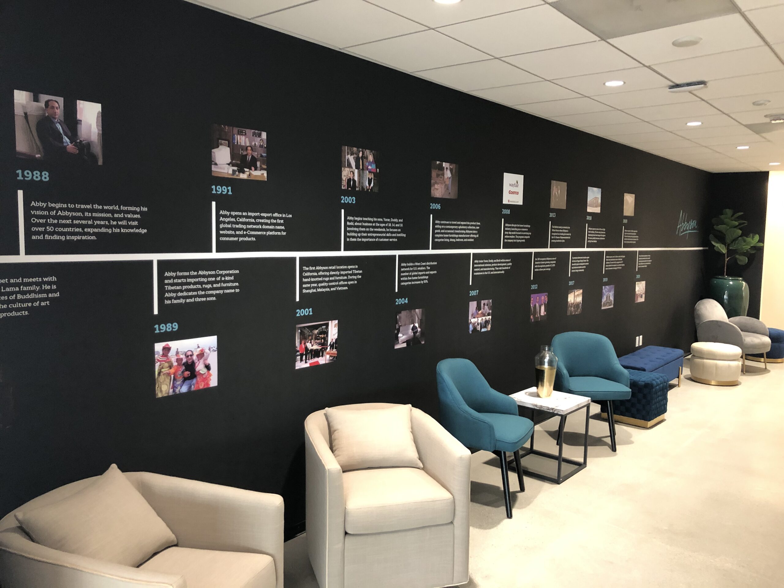 Corporate timeline on dark feature wall