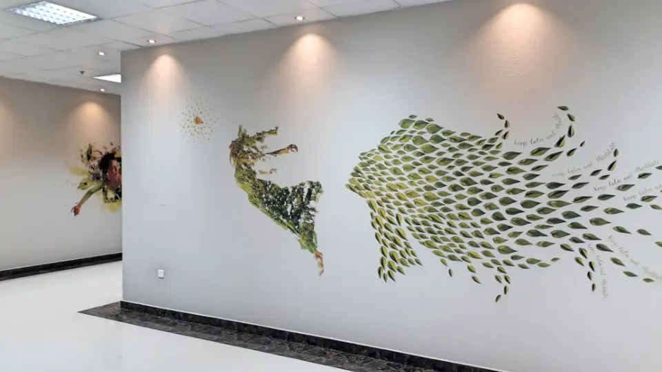 Nature imagination mural with leaves and botanical art